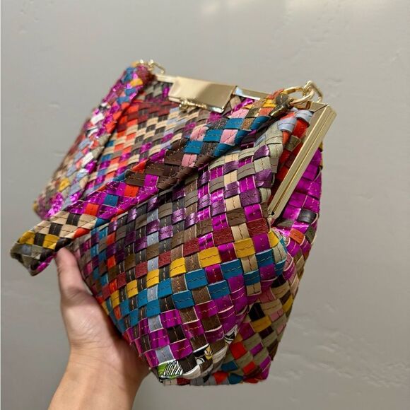 Colorful Woven Leather Handmade Kisslock Metal Frame Handbag, Multi Use Style - Picture 11 of 16